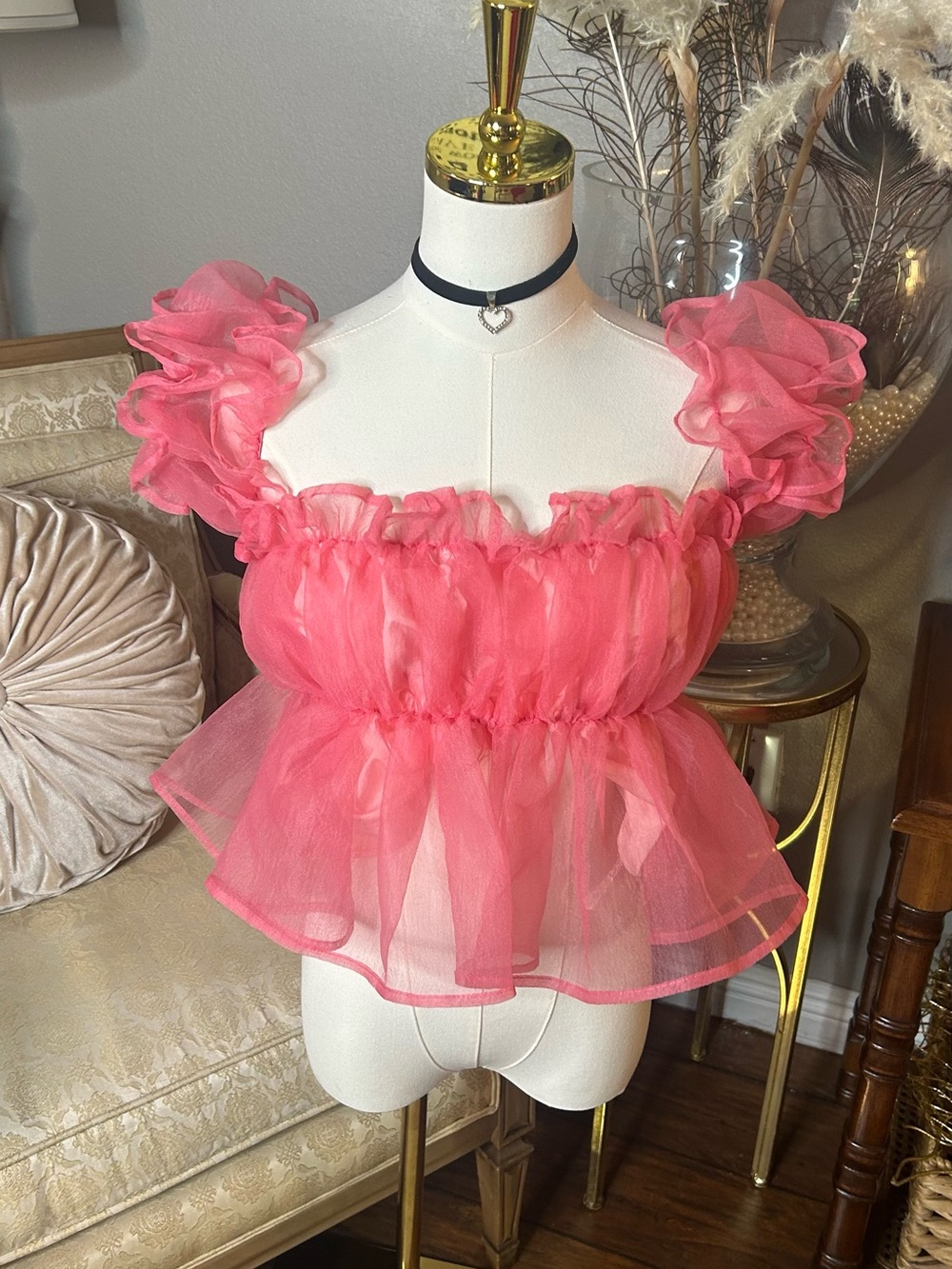 🎀 NWT Hot Pink Organza Ruffle Sleeve Babydoll Fairy, Coquette,Balletcore, Pink